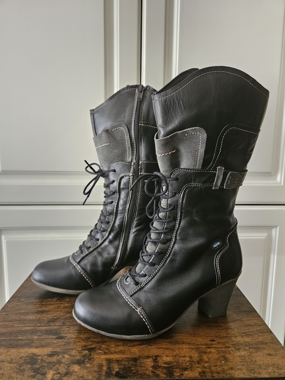 Cloud Footwear Victorian Lace-Up Black Mid-Calf Heeled Combat Zip Granny Boots